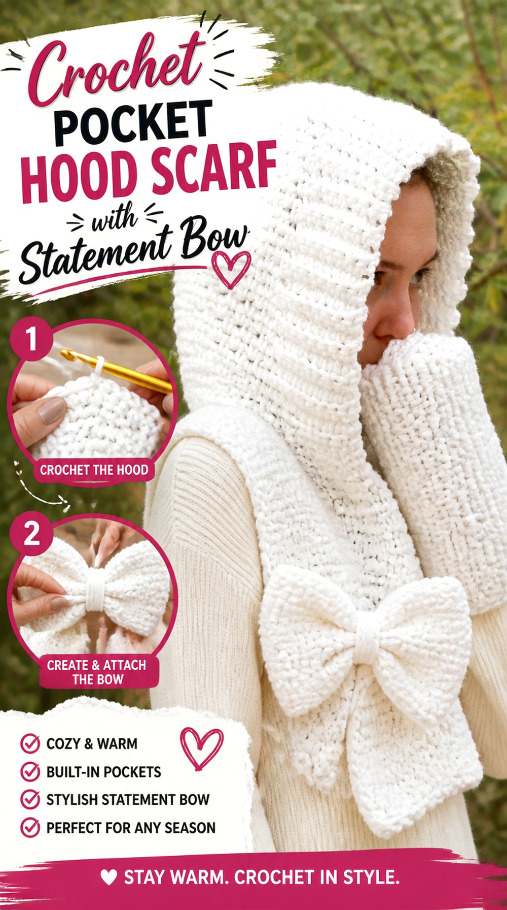 Crochet Pocket Hood Scarf with Statement Bow