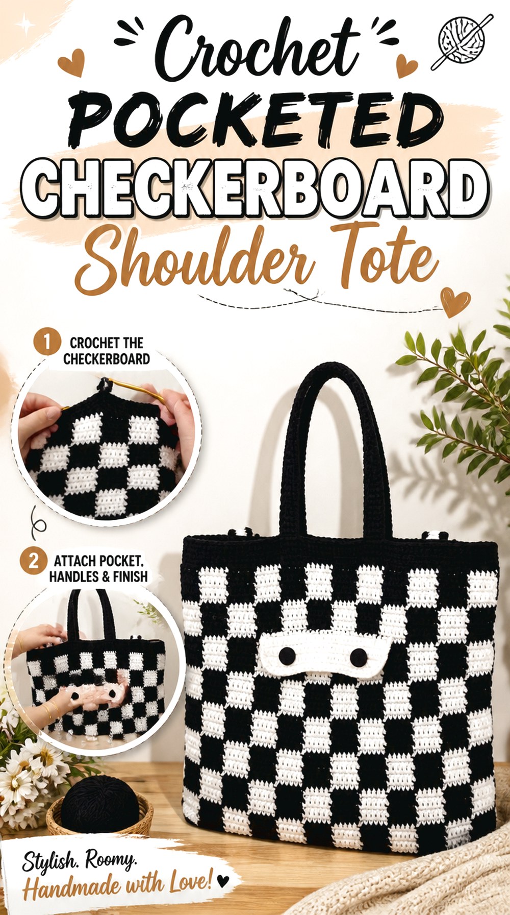 Crochet Pocketed Checkerboard Shoulder Tote