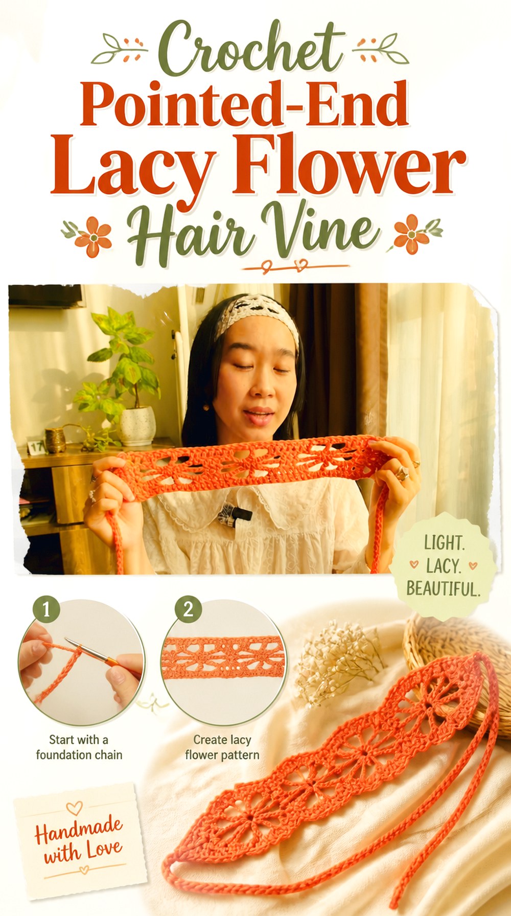 Crochet Pointed End Lacy Flower Hair Vine