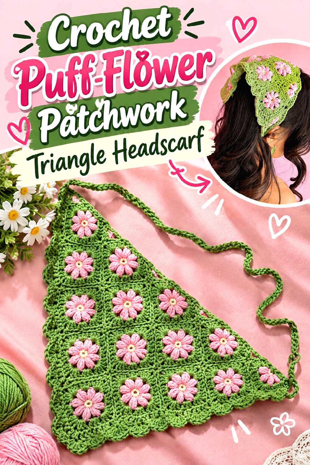 3. Crochet Puff Flower Patchwork Triangle Headscarf