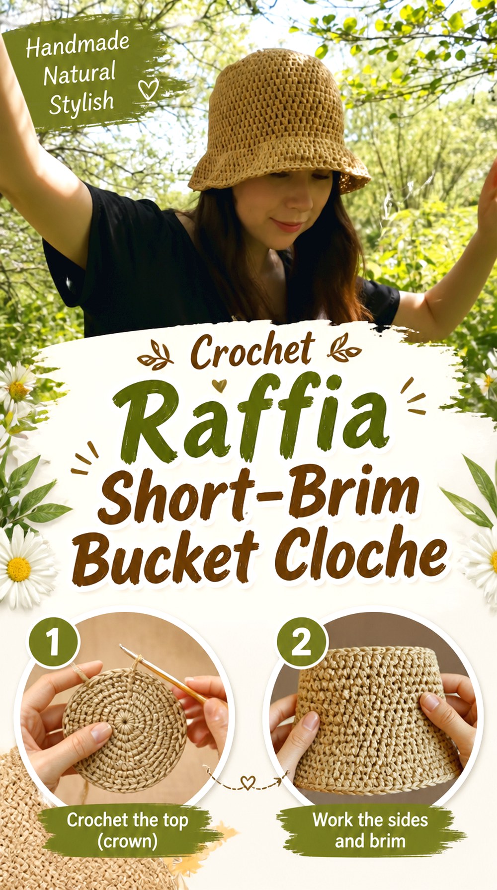 Crochet Raffia Short Brim Bucket Cloche
