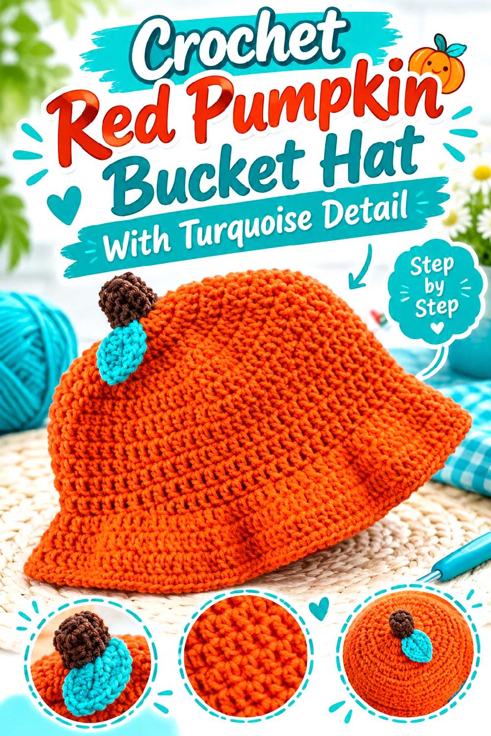 Crochet Red Pumpkin Bucket Hat With Turquoise Detail