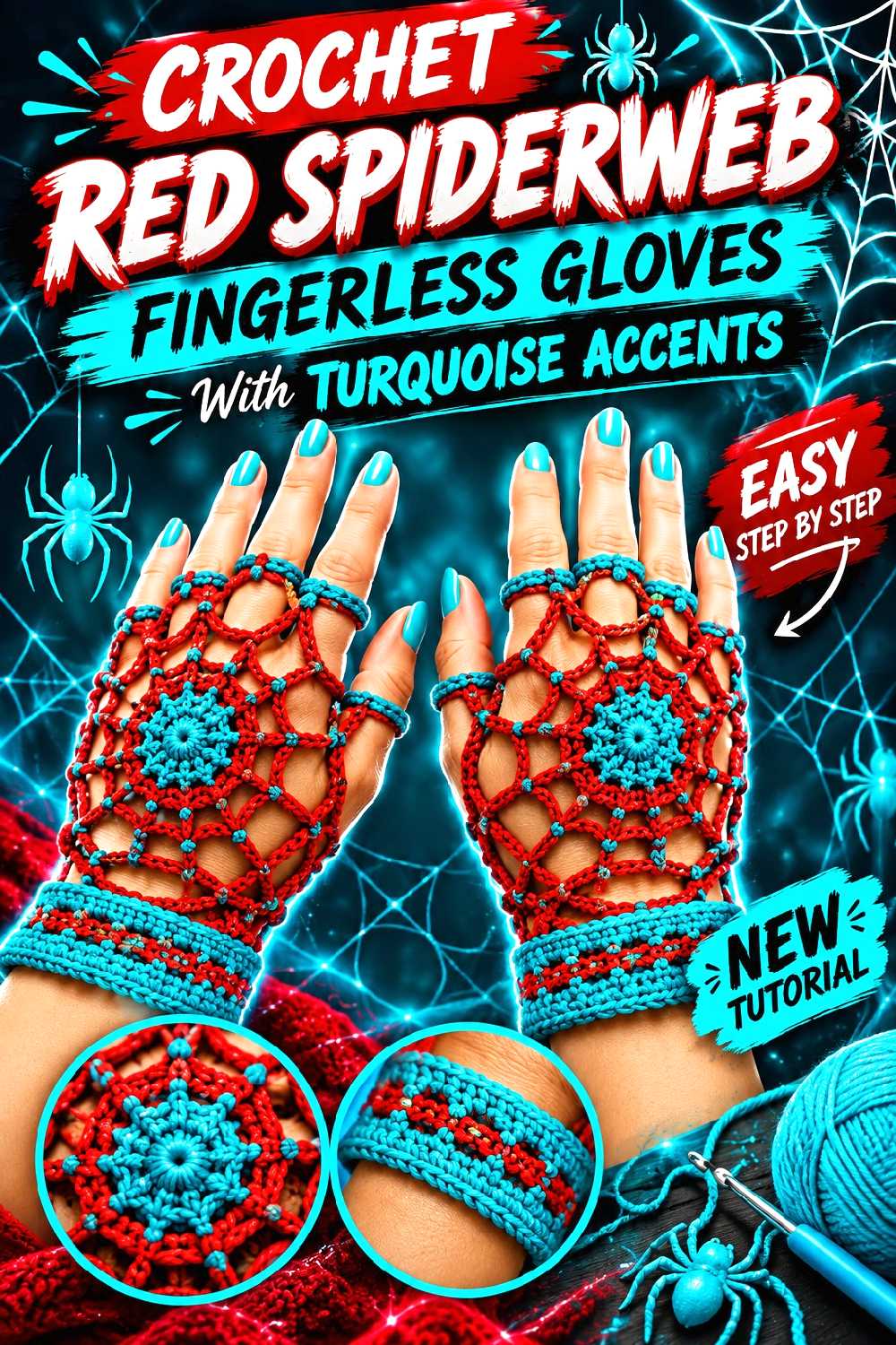 Crochet Red Spiderweb Fingerless Gloves With Turquoise Accents