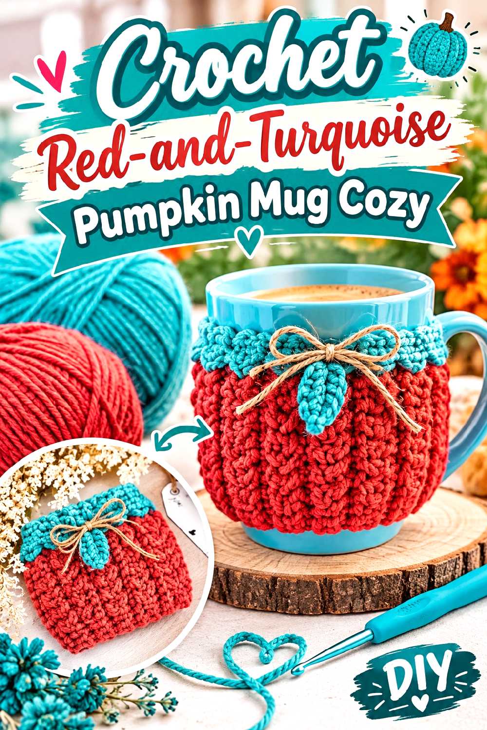 Crochet Red and Turquoise Pumpkin Mug Cozy
