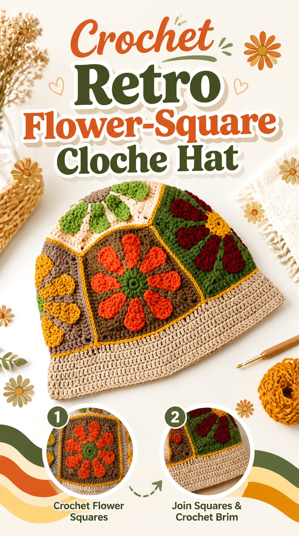 Crochet Retro Flower Square Cloche Hat
