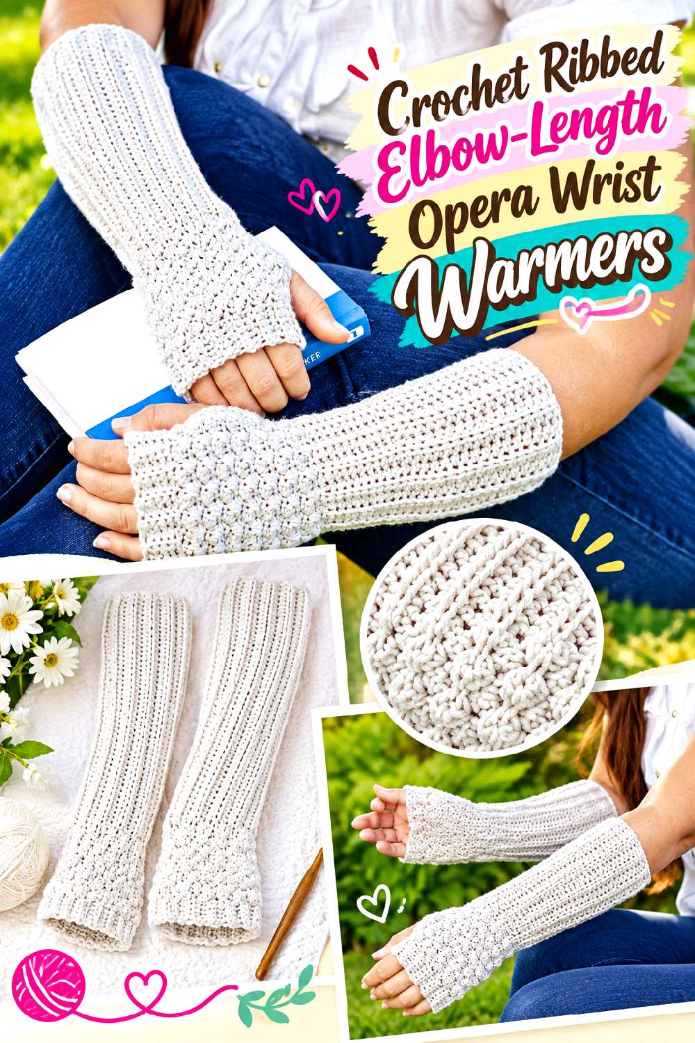 Crochet Ribbed Elbow Length Opera Wrist Warmers