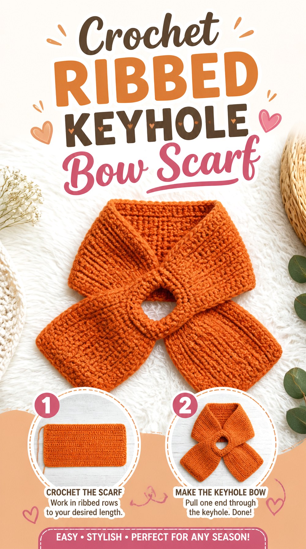 Crochet Ribbed Keyhole Bow Scarf