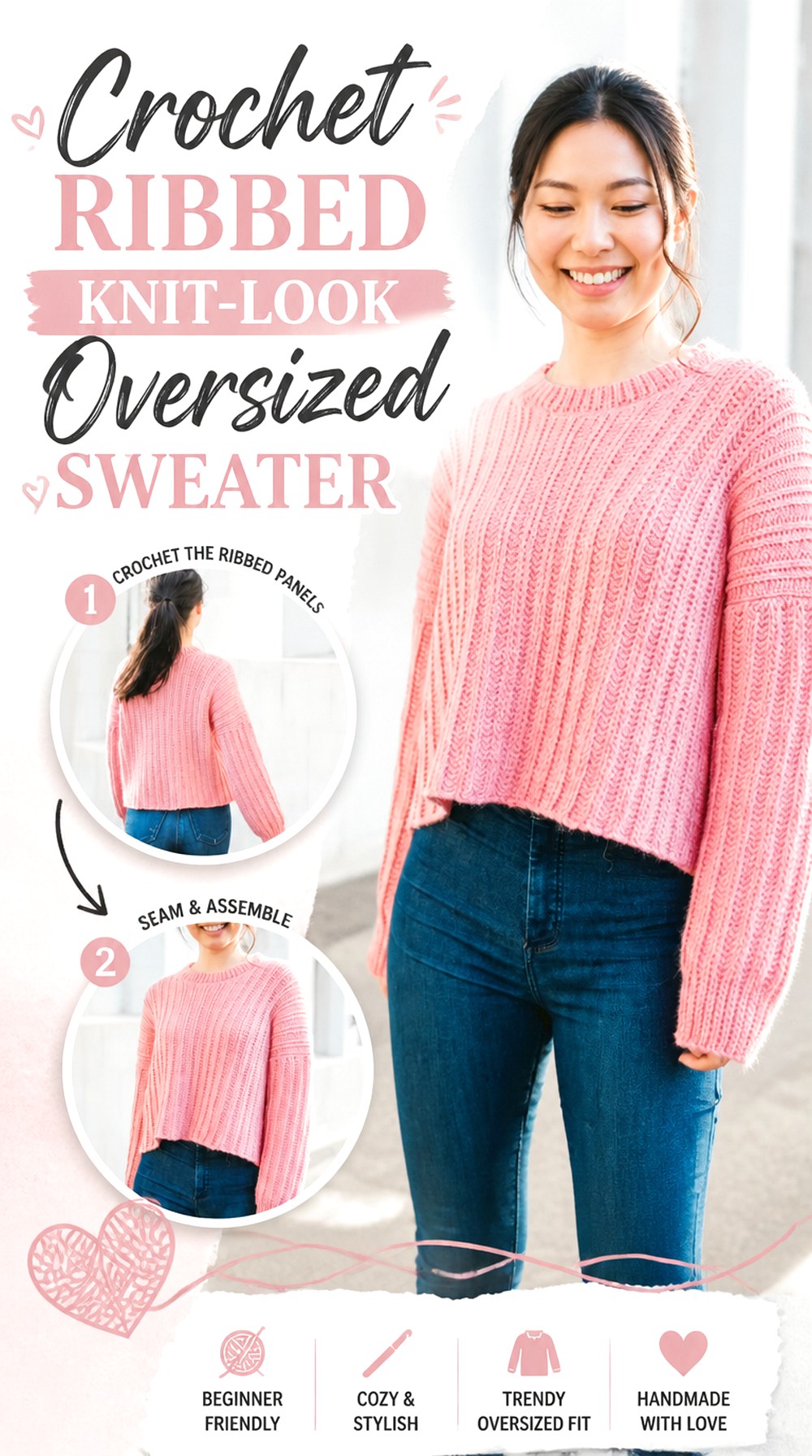 Crochet Ribbed Knit Look Oversized Sweater