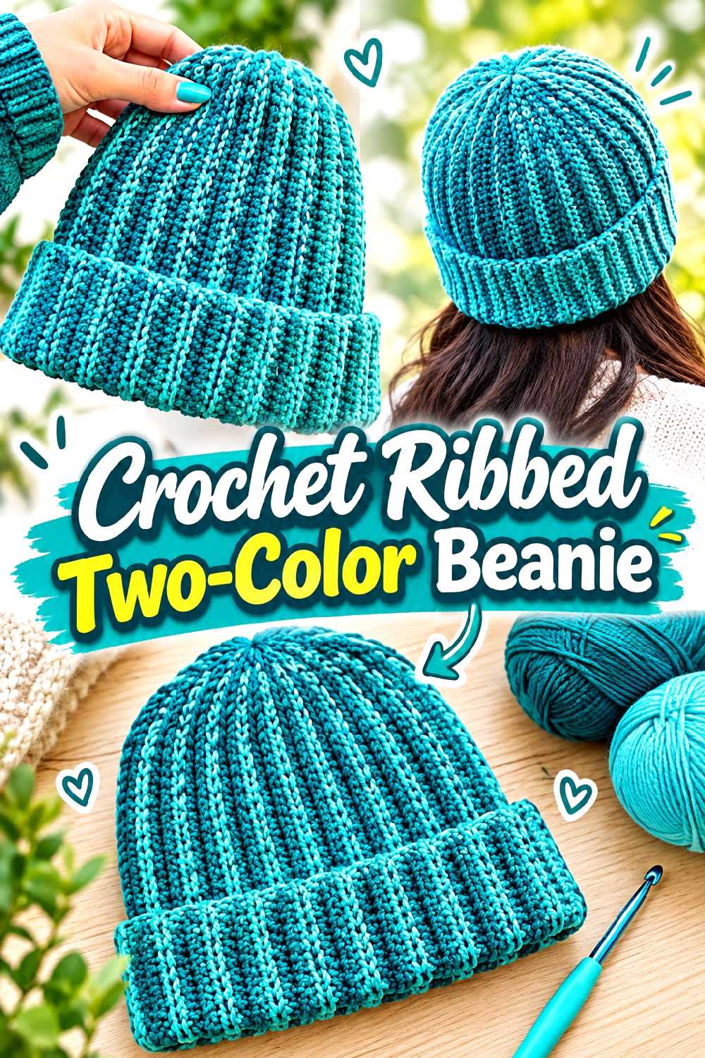Crochet Ribbed Two Color Beanie