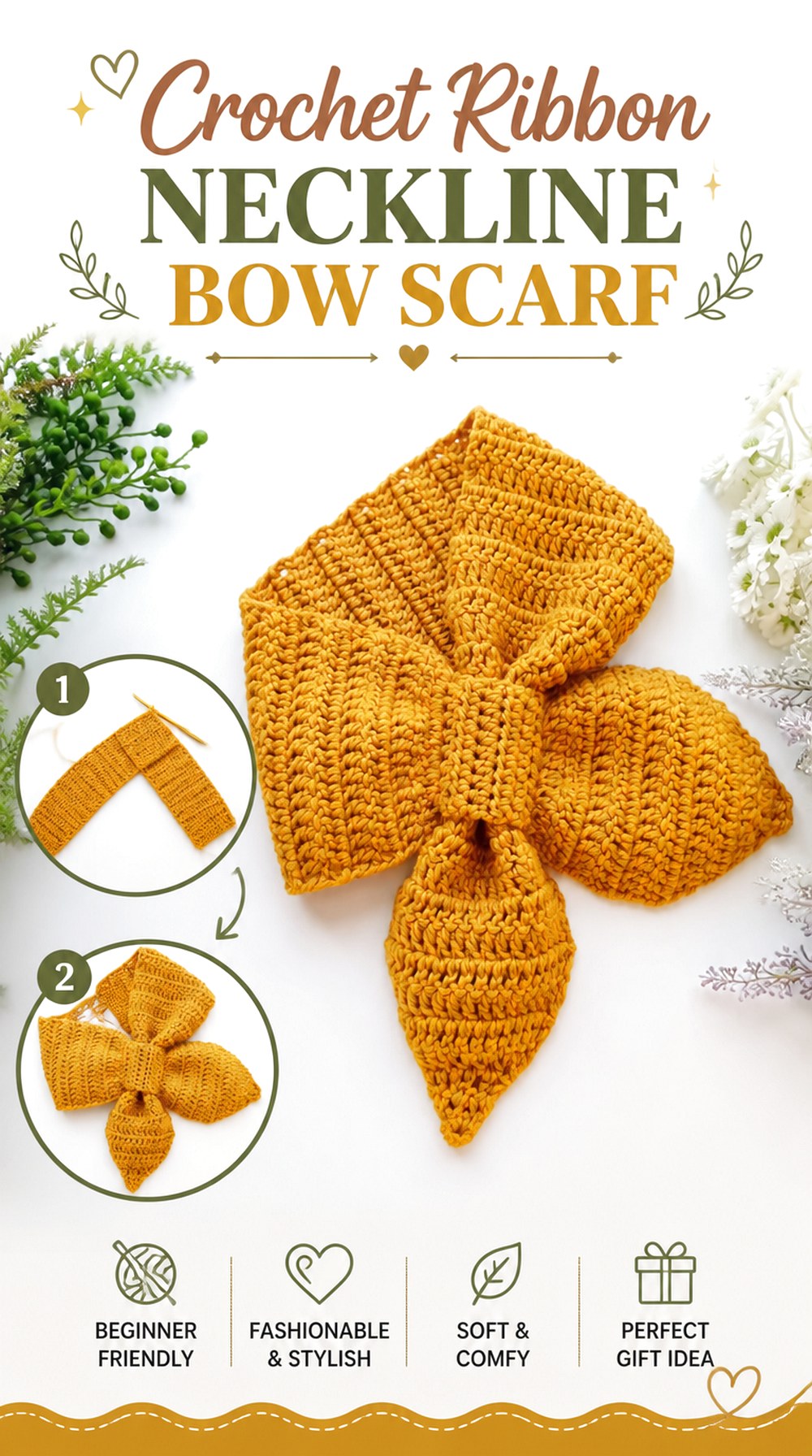 Crochet Ribbon Neckline Bow Scarf