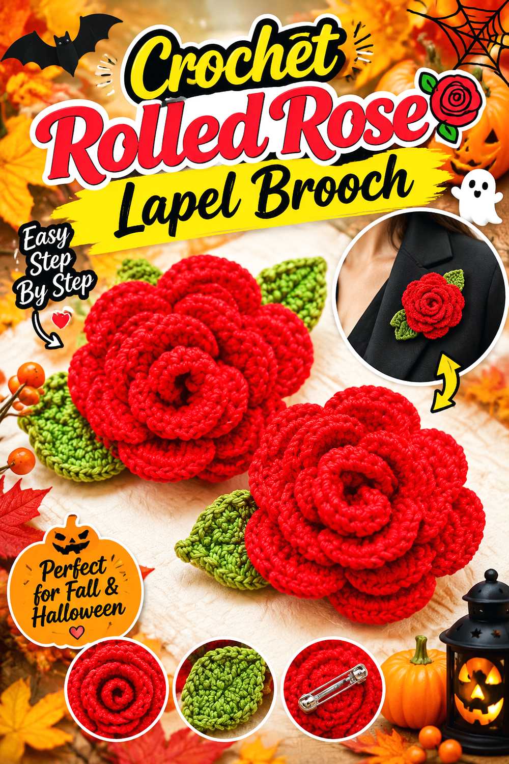 Crochet Rolled Rose Lapel Brooch