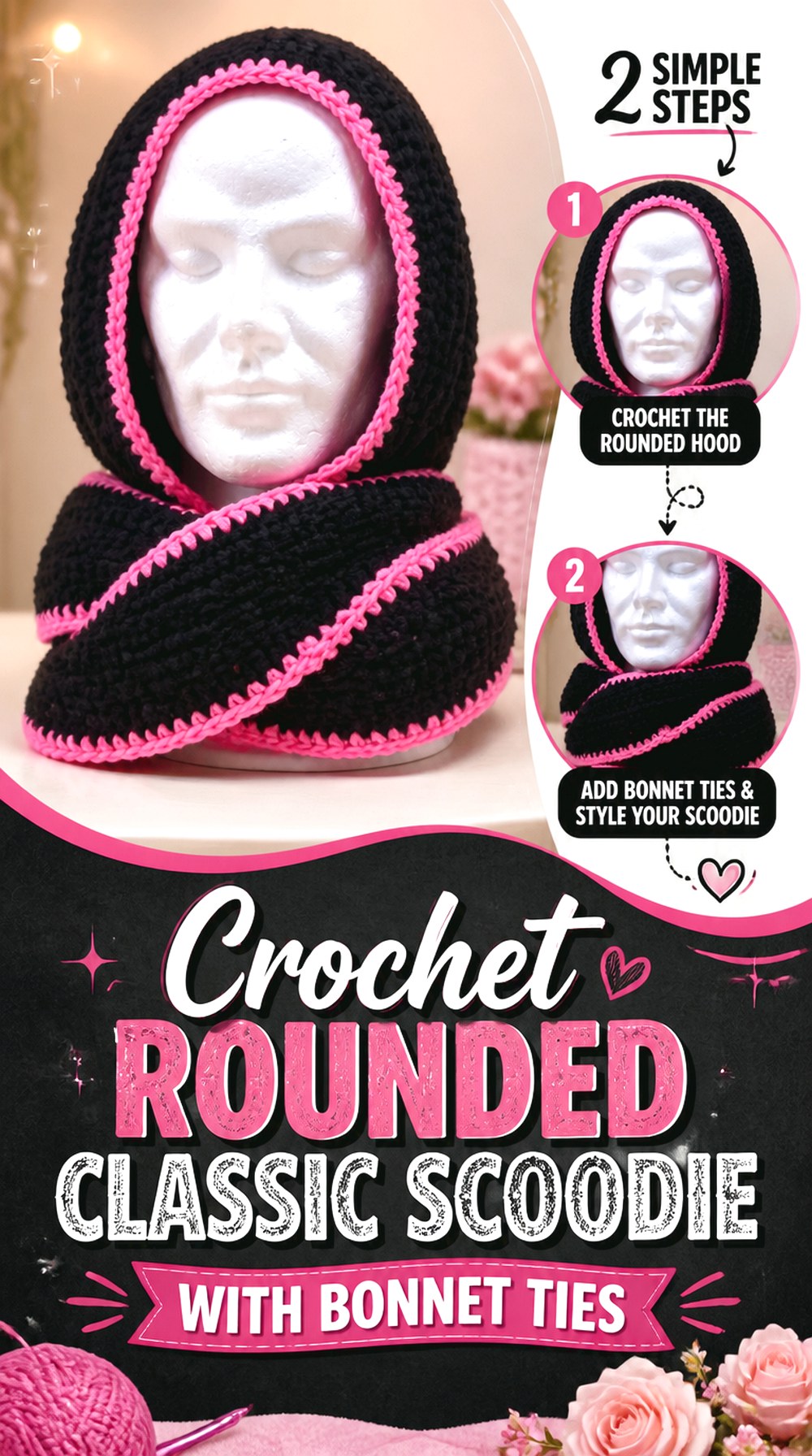 Crochet Rounded Classic Scoodie with Bonnet Ties