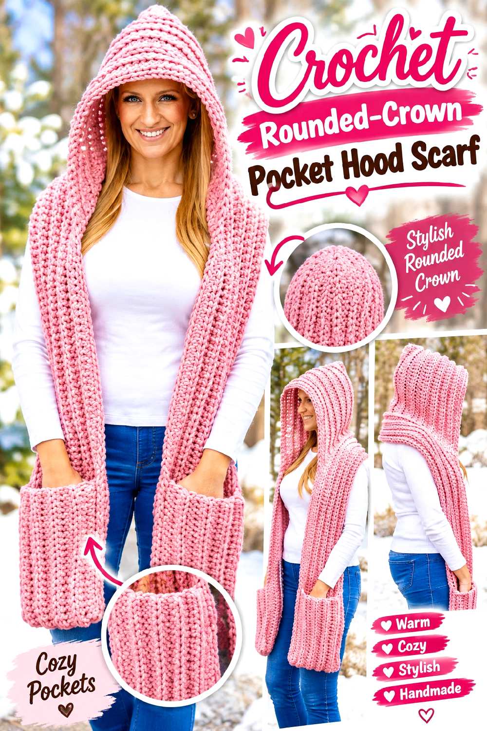 11. Crochet Rounded Crown Pocket Hood Scarf