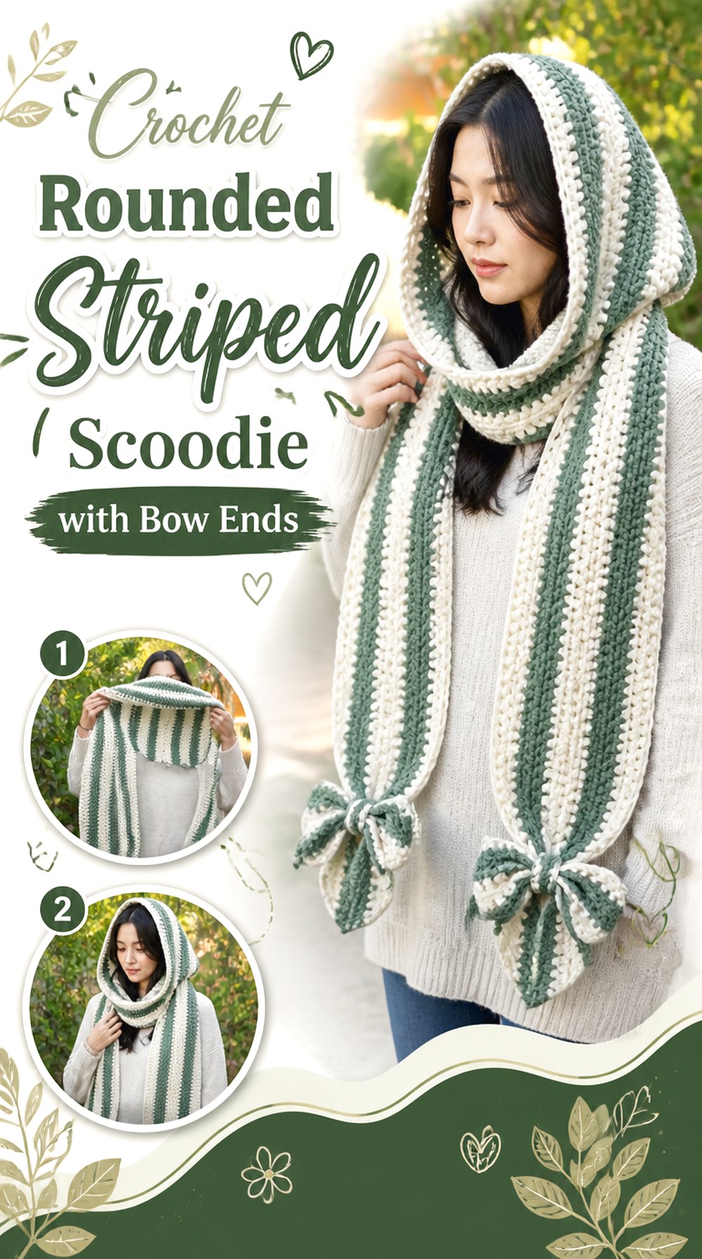 Crochet Rounded Striped Scoodie with Bow Ends