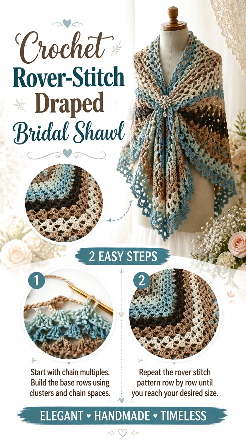 Crochet Rover Stitch Draped Bridal Shawl