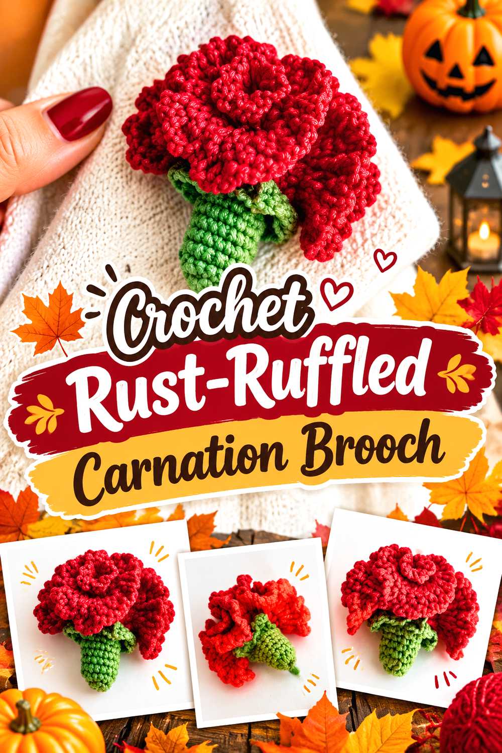 Crochet Rust Ruffled Carnation Brooch