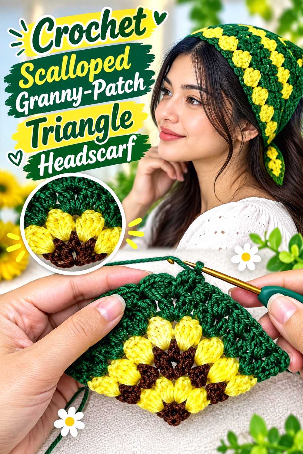 13. Crochet Scalloped Granny Patch Triangle Headscarf