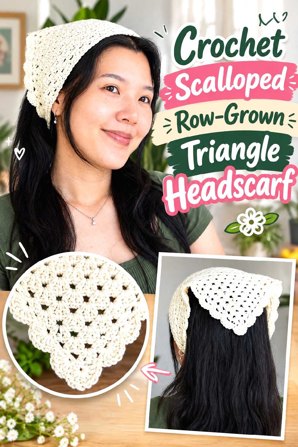 6. Crochet Scalloped Row Grown Triangle Headscarf