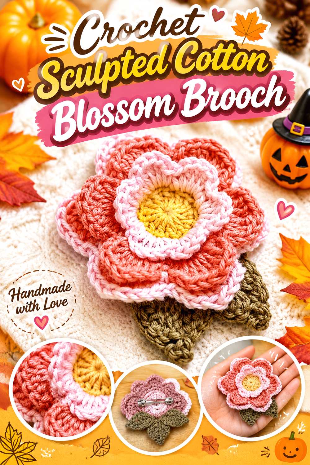 Crochet Sculpted Cotton Blossom Brooch