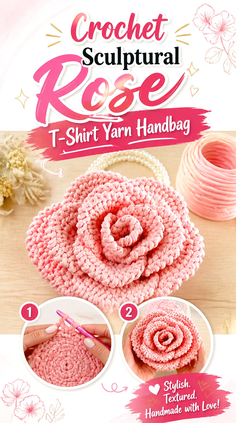 Crochet Sculptural Rose T Shirt Yarn Handbag