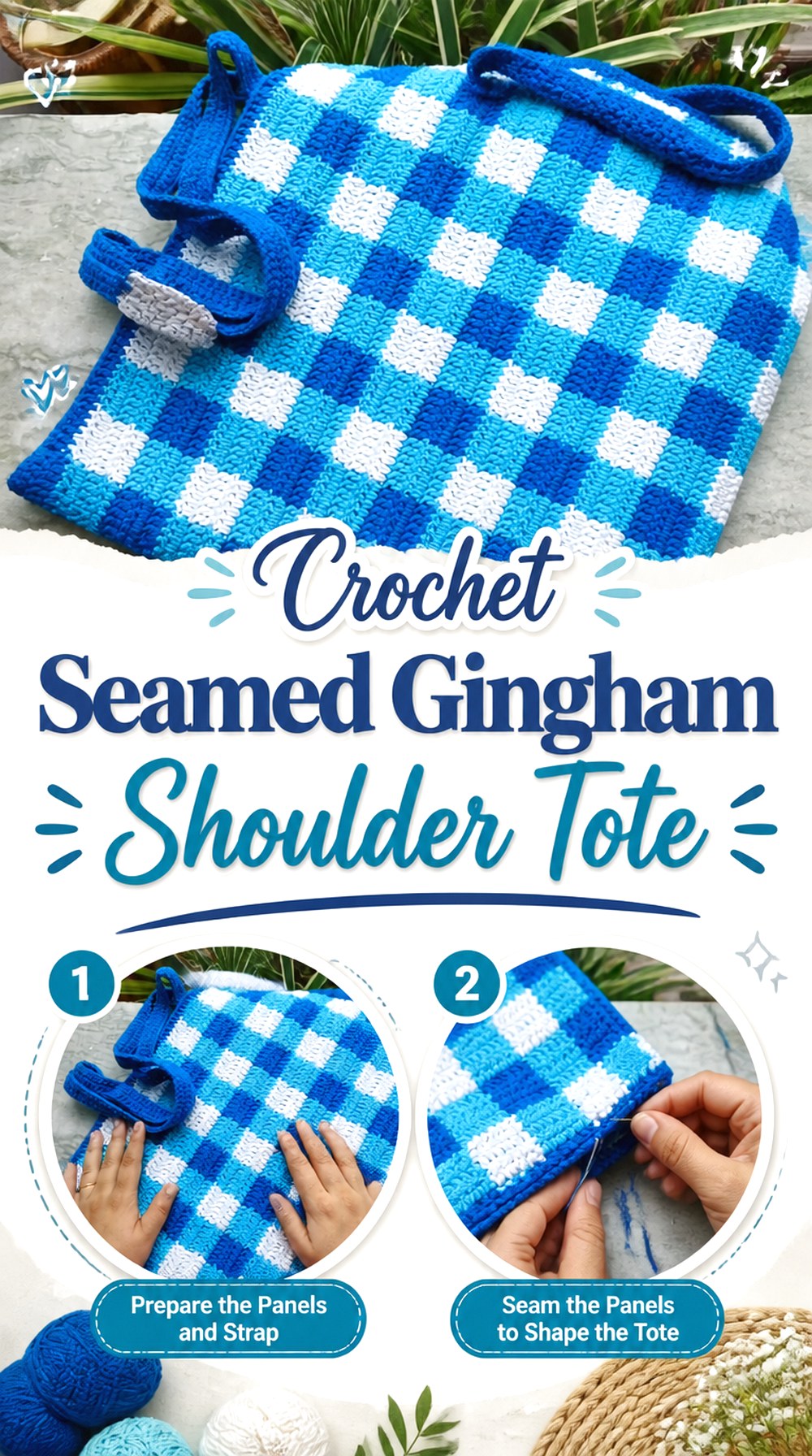 Crochet Seamed Gingham Shoulder Tote