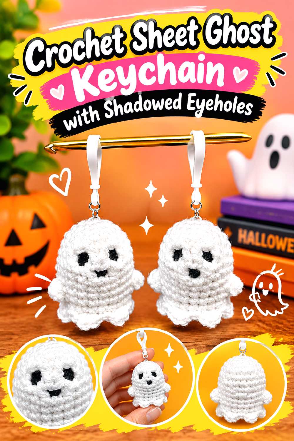 Crochet Sheet Ghost Keychain with Shadowed Eyeholes