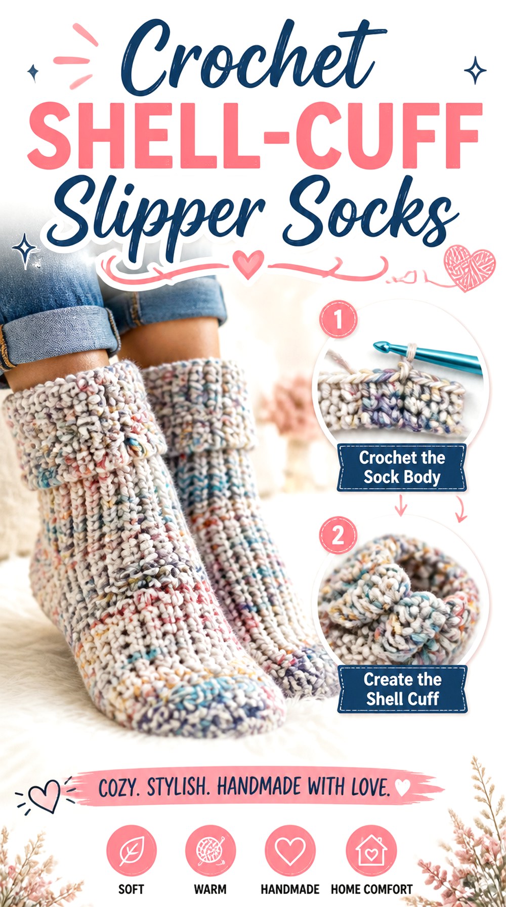 Crochet Shell Cuff Slipper Socks
