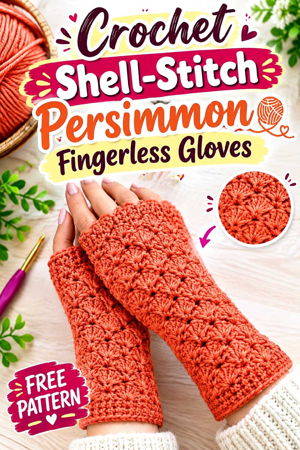 5. Crochet Shell Stitch Persimmon Fingerless Gloves