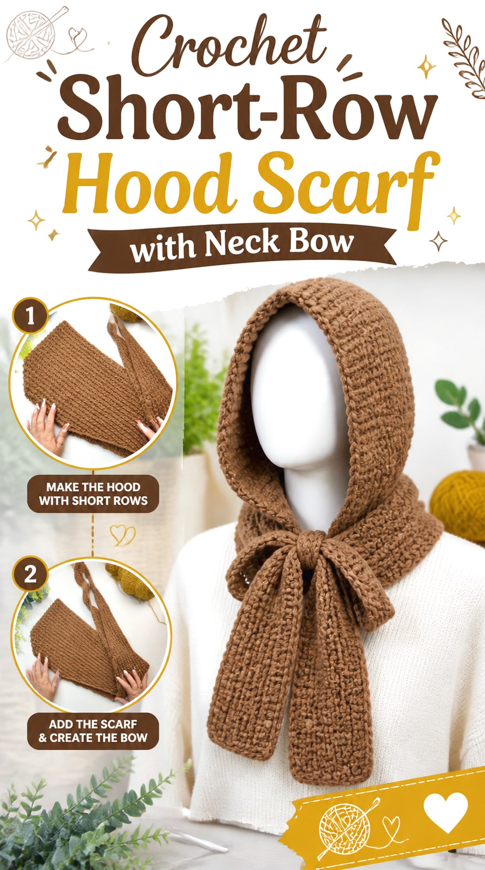 Crochet Short Row Hood Scarf with Neck Bow