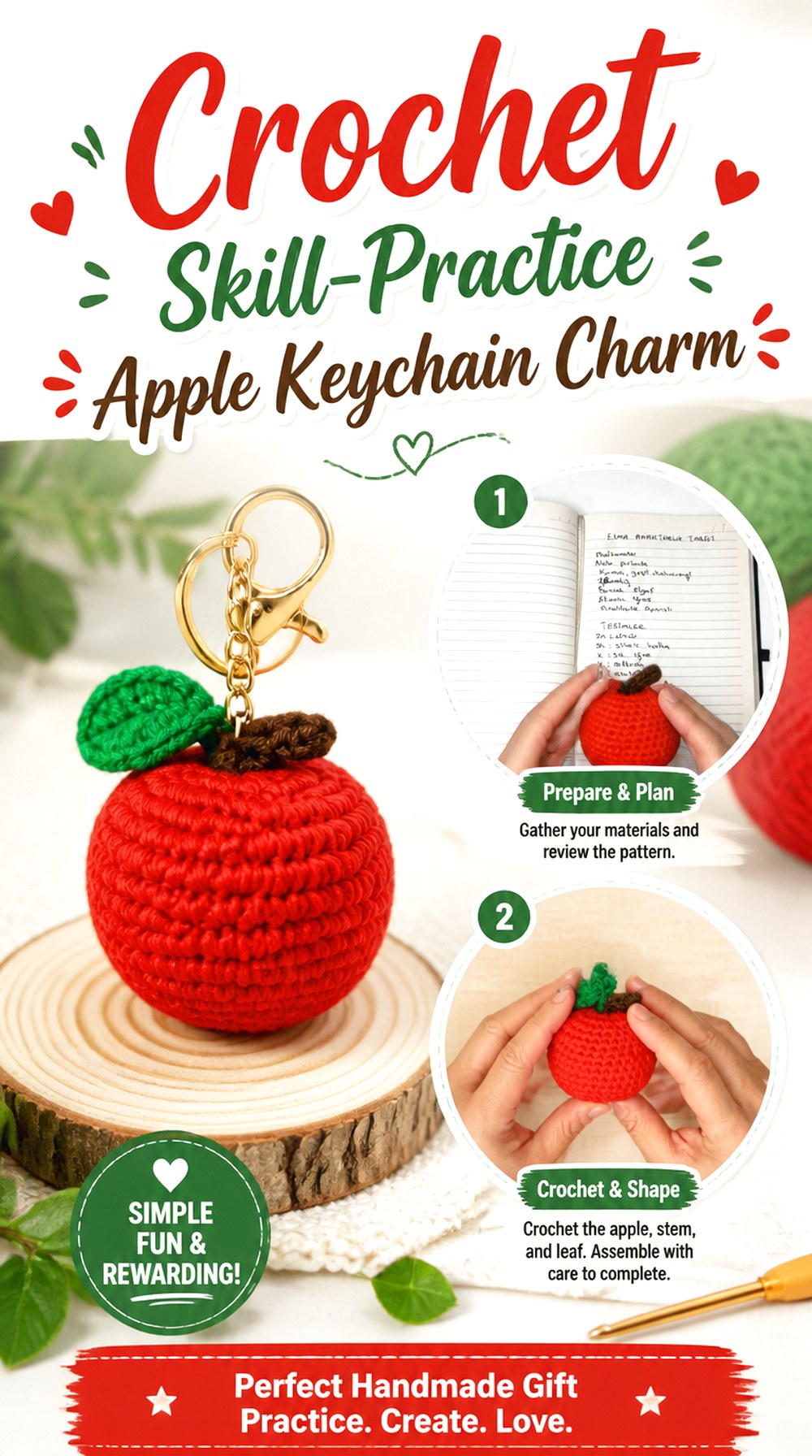 Crochet Skill Practice Apple Keychain Charm