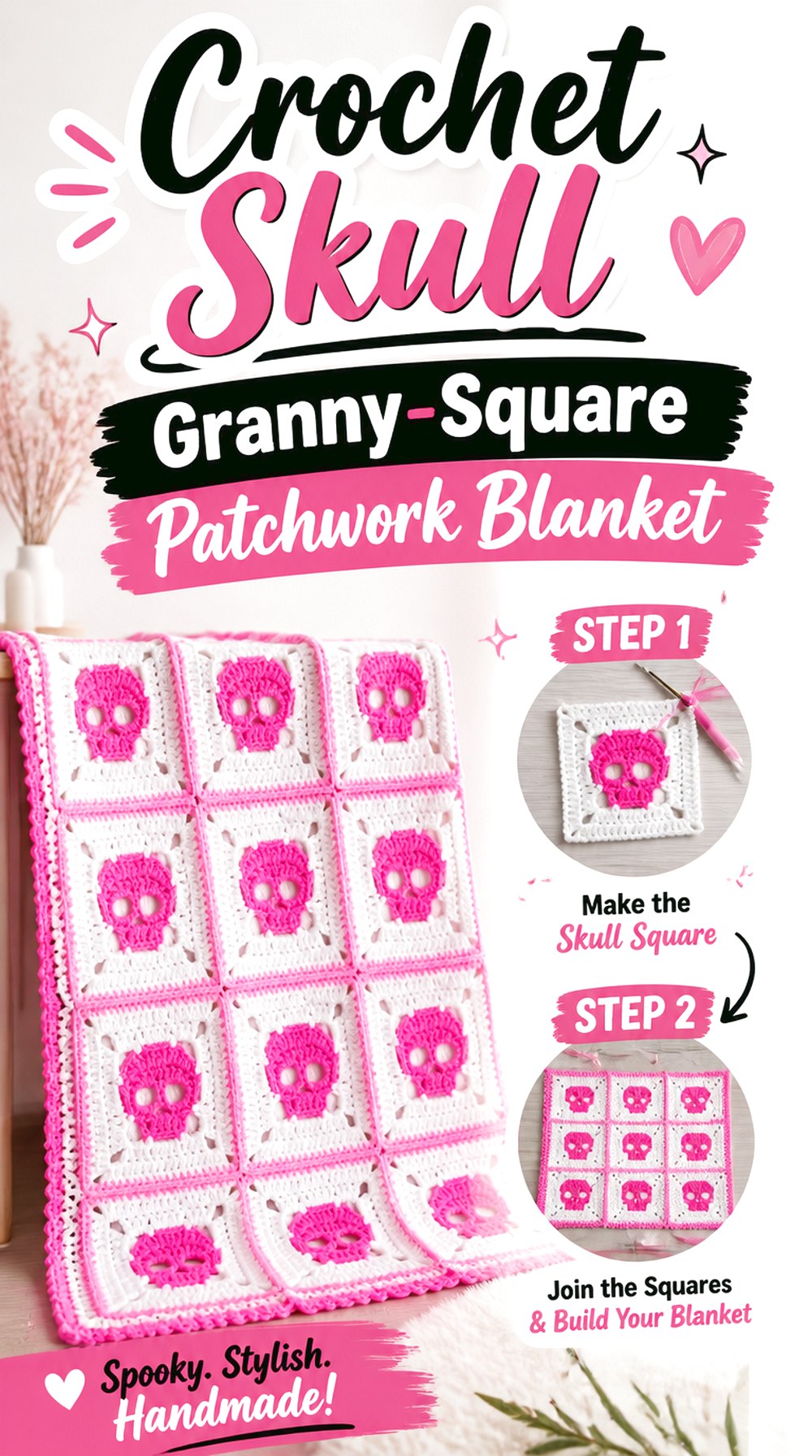 Crochet Skull Granny Square Patchwork Blanket