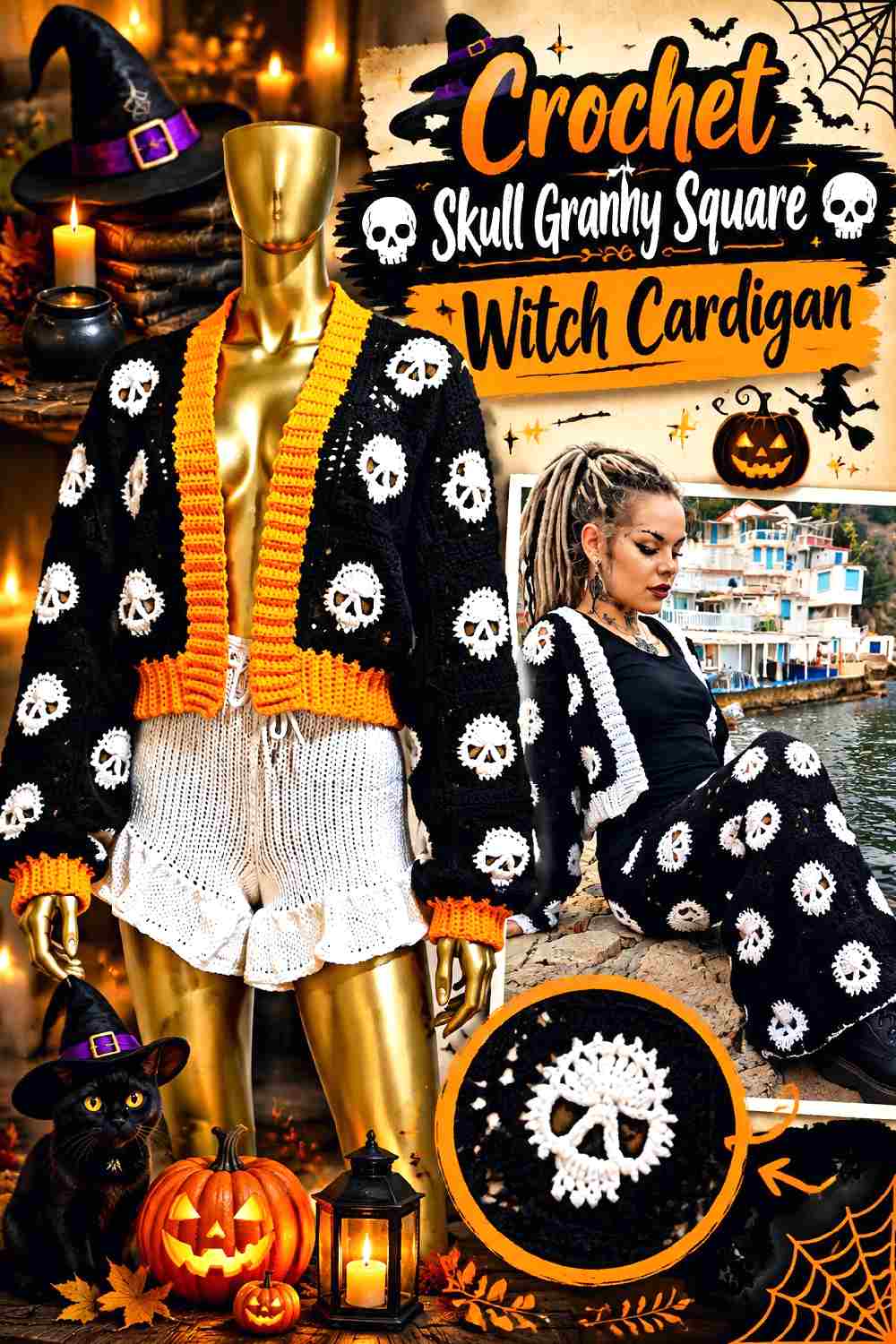 2. Crochet Skull Granny Square Witch Cardigan