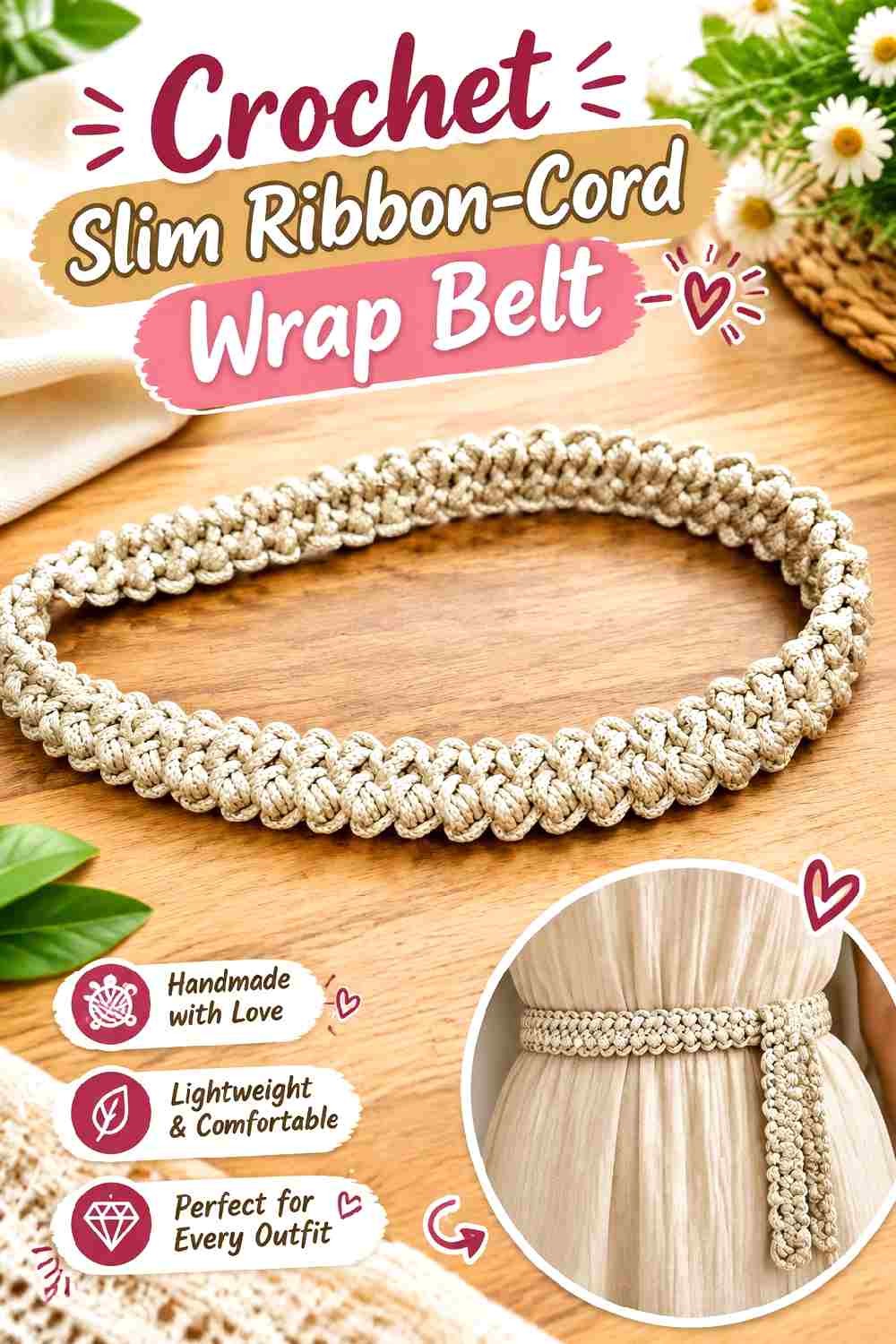13. Crochet Slim Ribbon Cord Wrap Belt
