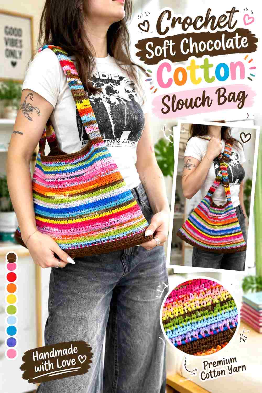 12. Crochet Soft Chocolate Cotton Slouch Bag