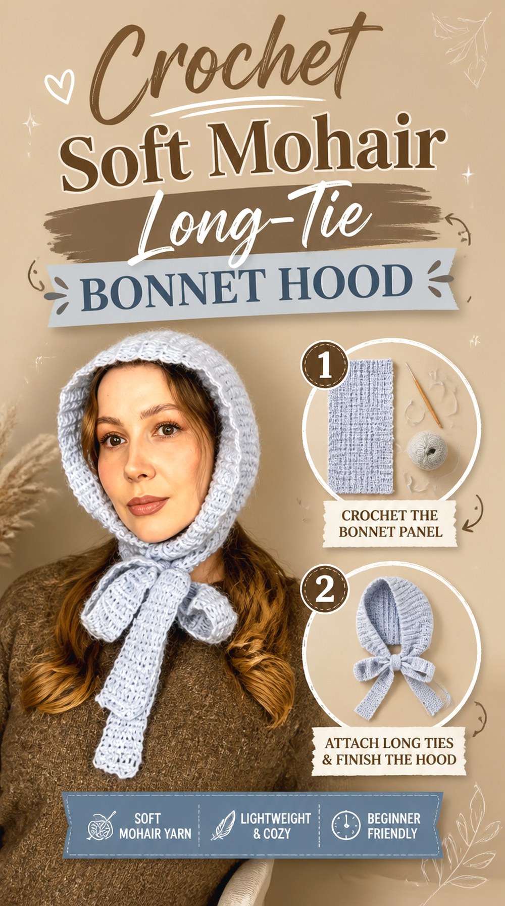 Crochet Soft Mohair Long Tie Bonnet Hood