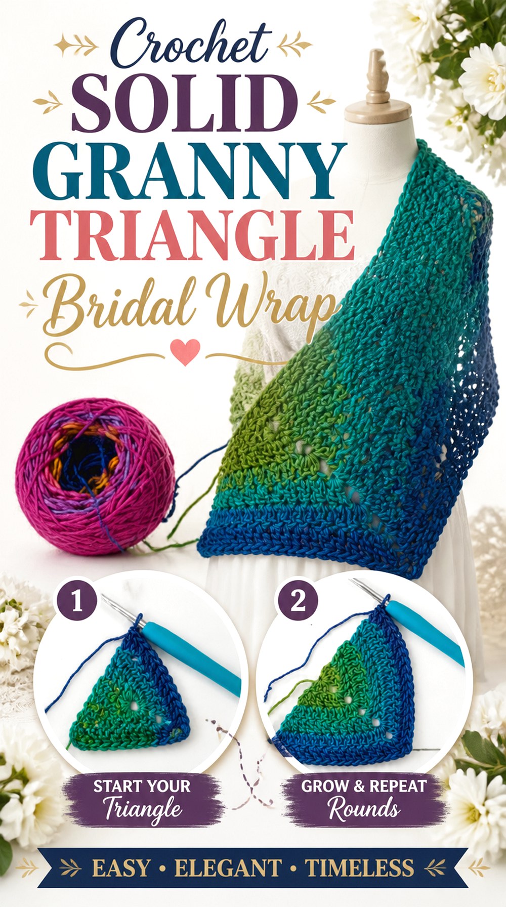 Crochet Solid Granny Triangle Bridal Wrap