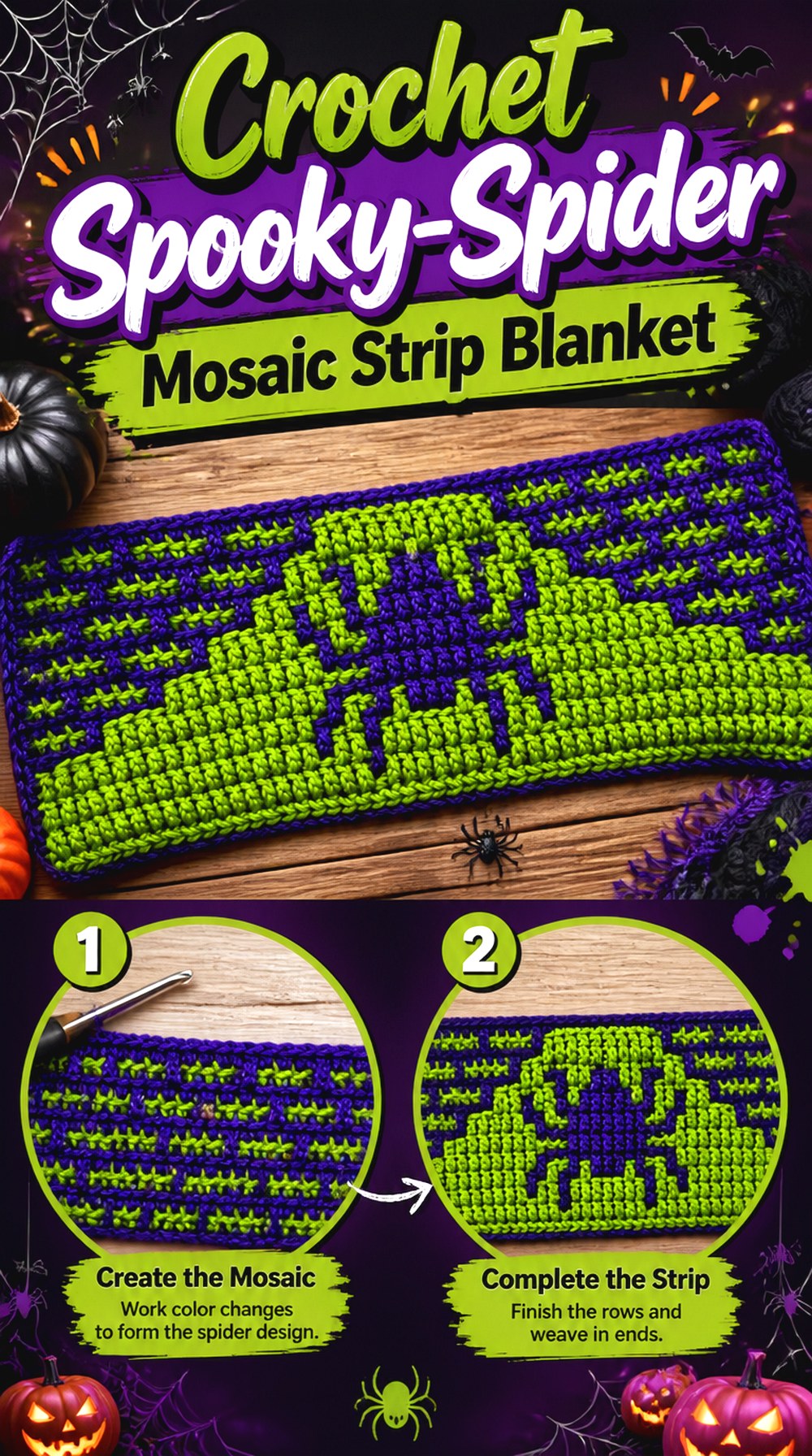 Crochet Spooky Spider Mosaic Strip Blanket