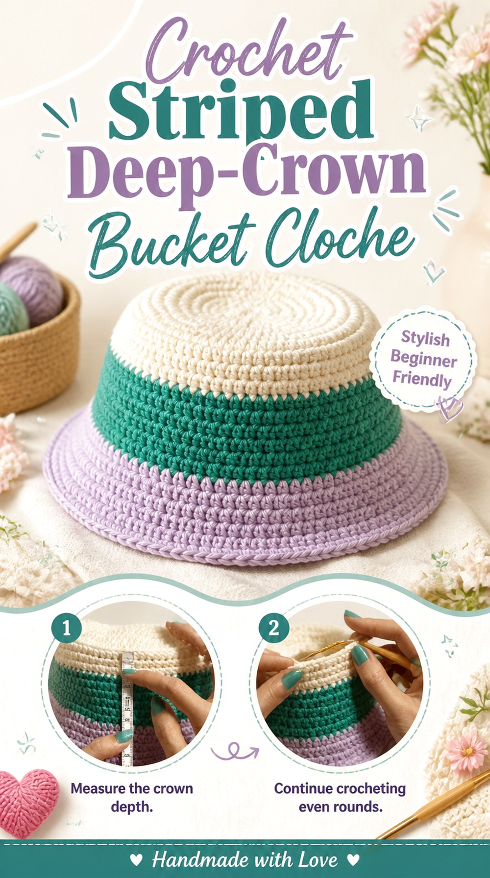 Crochet Striped Deep Crown Bucket Cloche