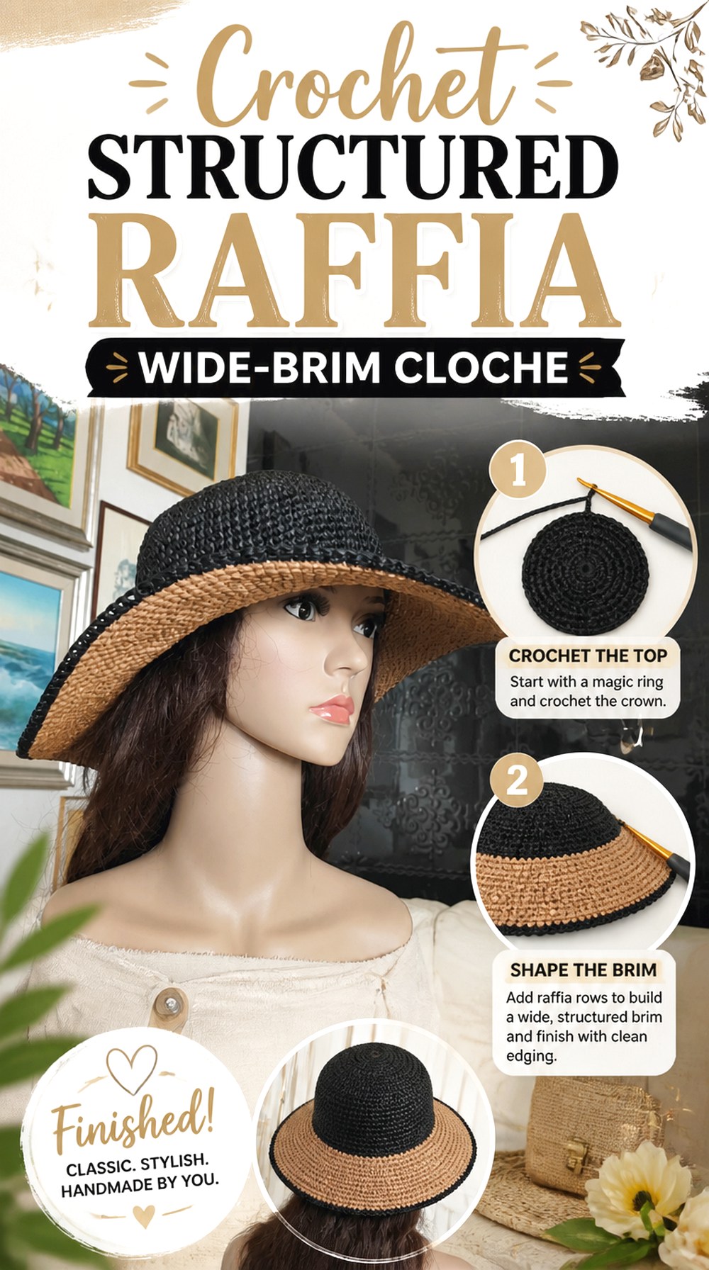 Crochet Structured Raffia Wide Brim Cloche