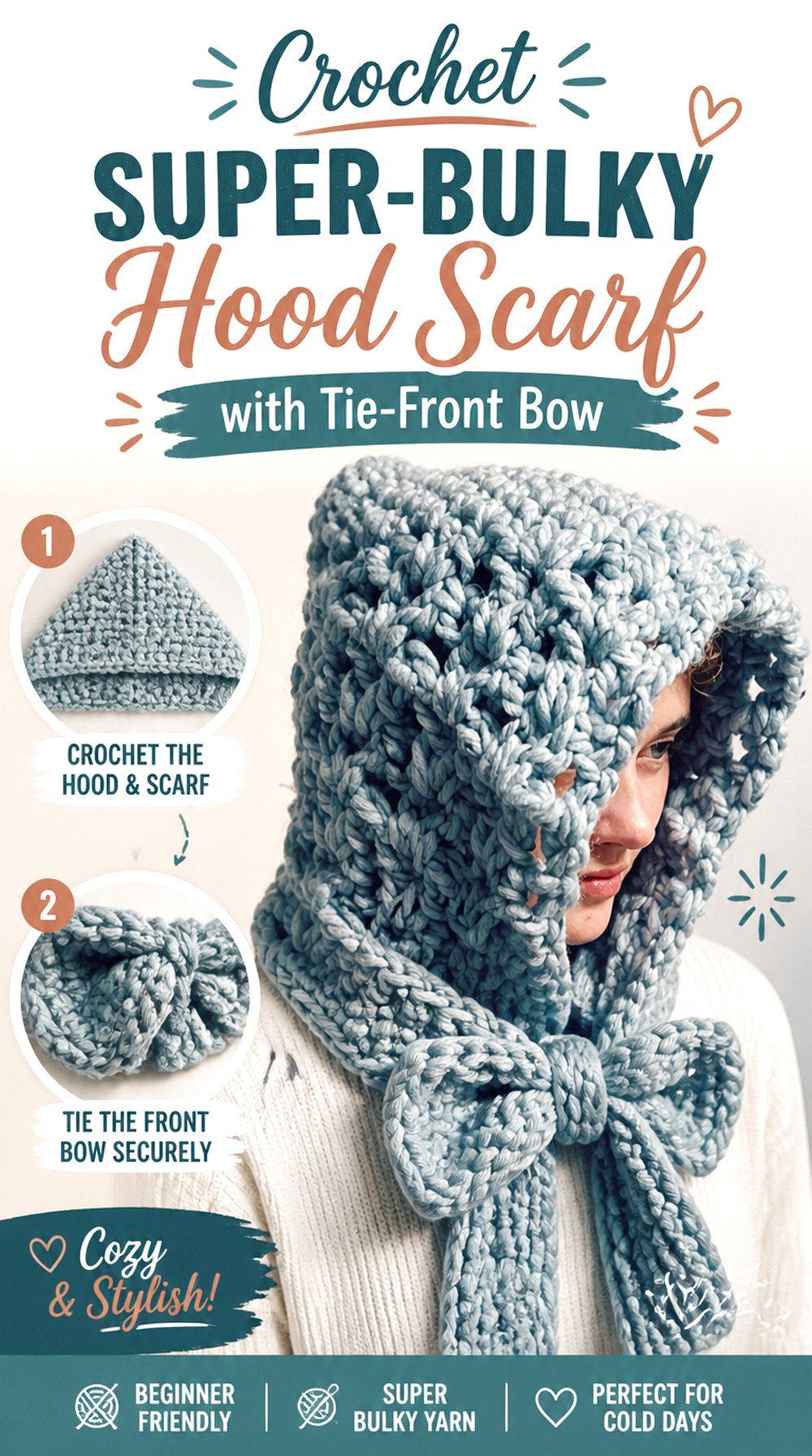 Crochet Super Bulky Hood Scarf with Tie Front Bow