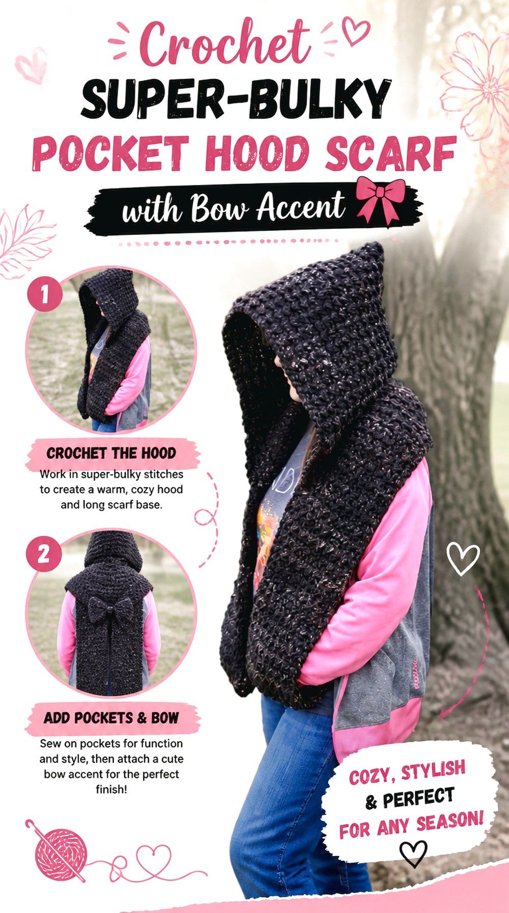 Crochet Super Bulky Pocket Hood Scarf with Bow Accent