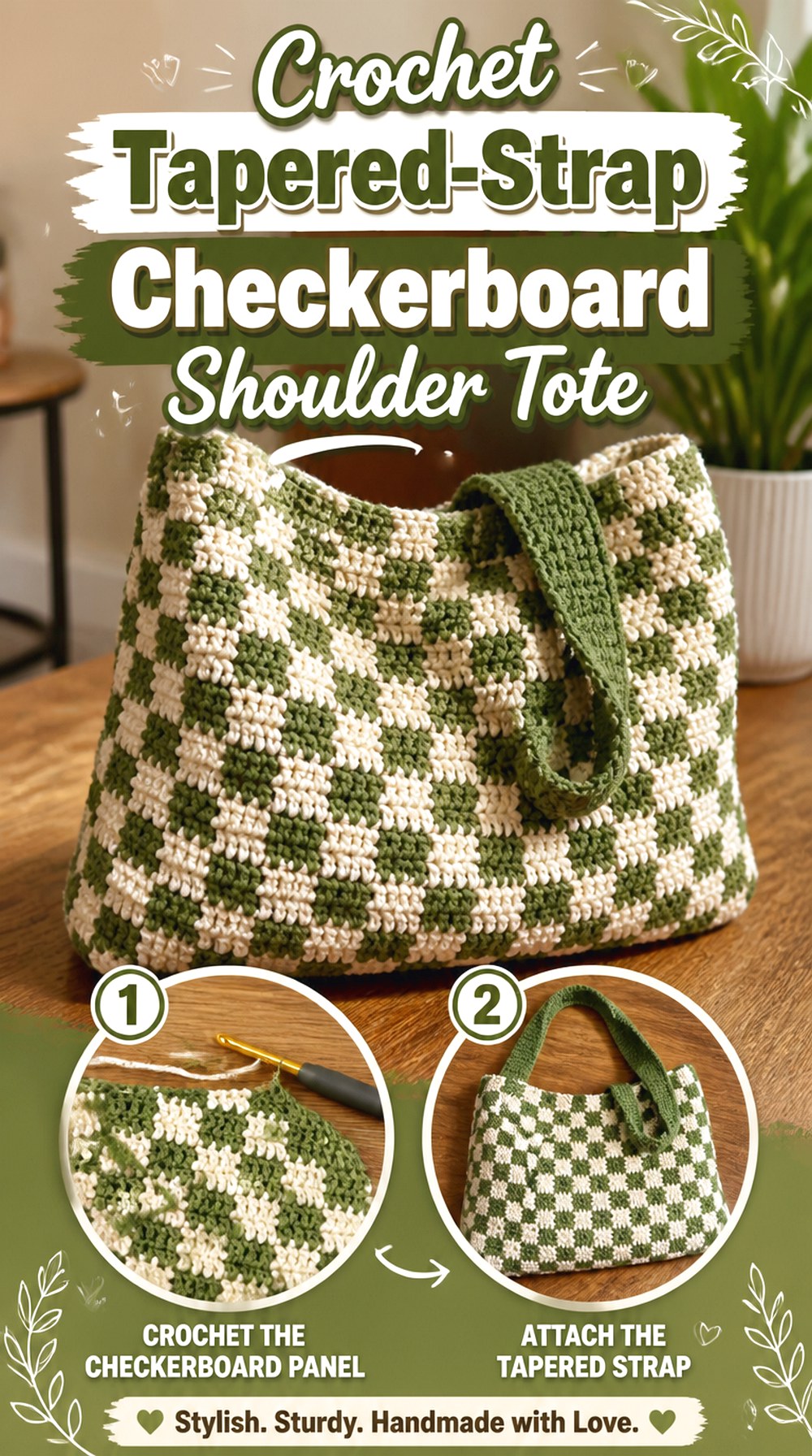 Crochet Tapered Strap Checkerboard Shoulder Tote
