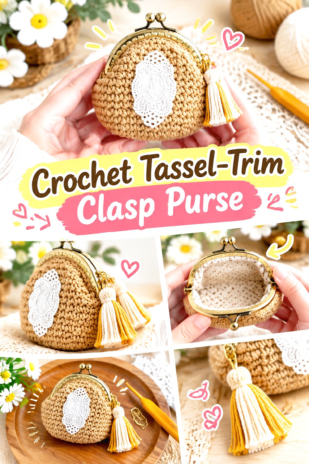 Crochet Tassel Trim Clasp Purse