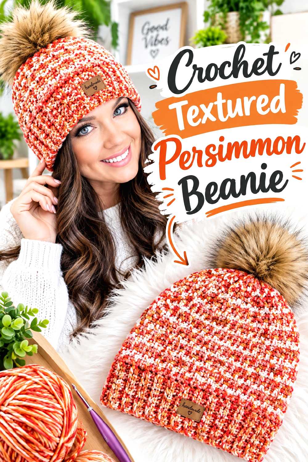 2. Crochet Textured Persimmon Beanie