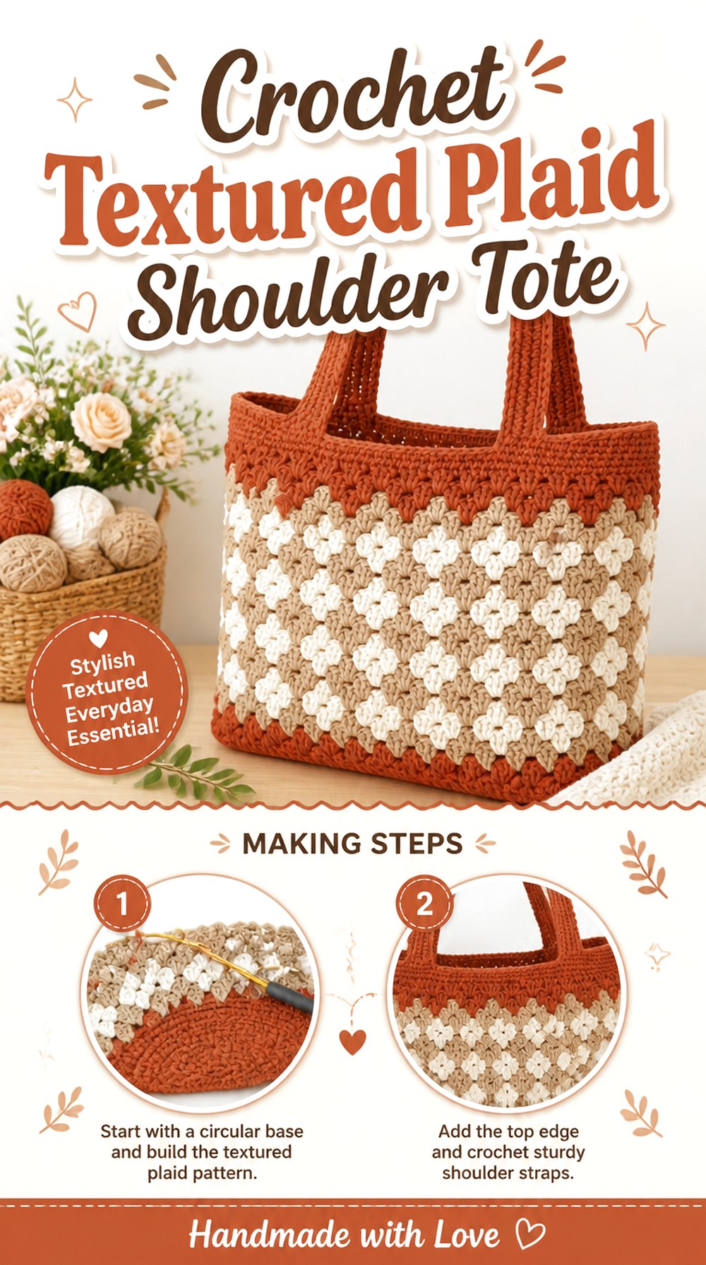 Crochet Textured Plaid Shoulder Tote