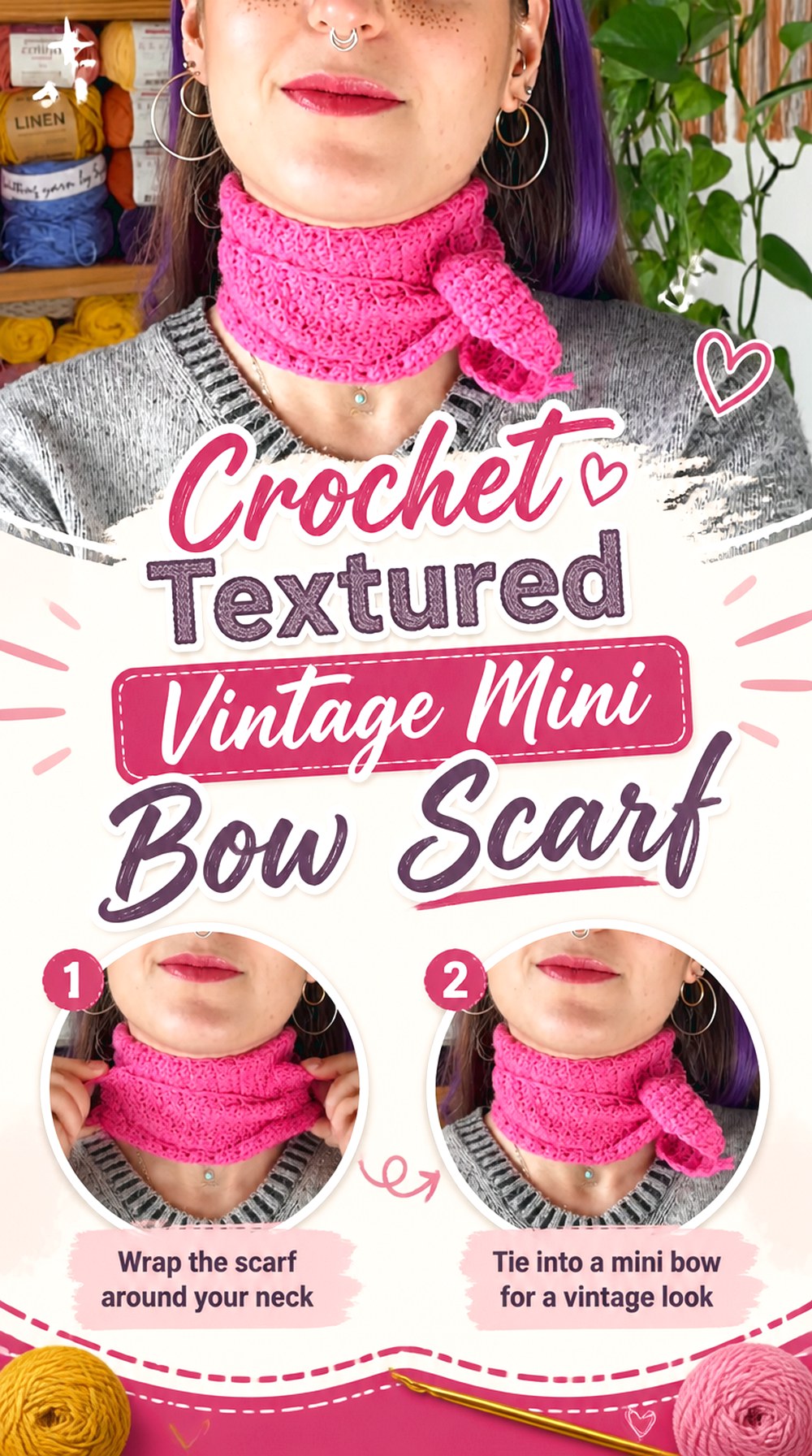 Crochet Textured Vintage Mini Bow Scarf