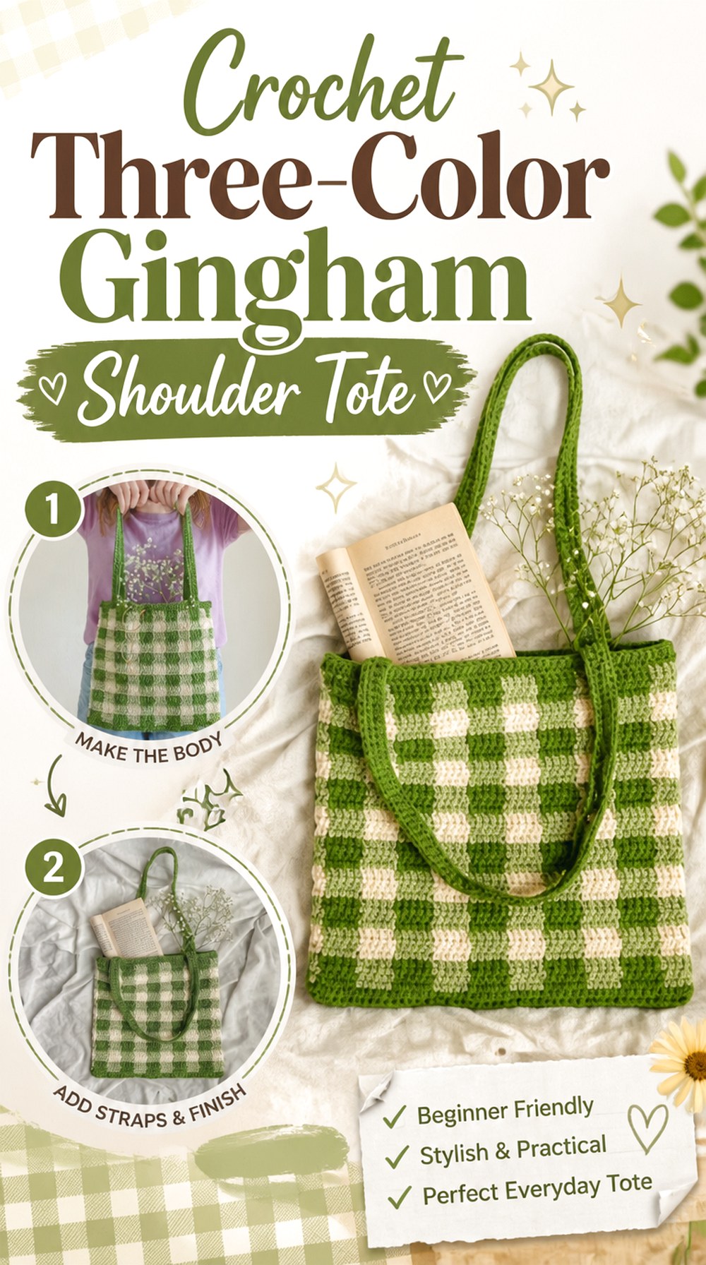 Crochet Three Color Gingham Shoulder Tote