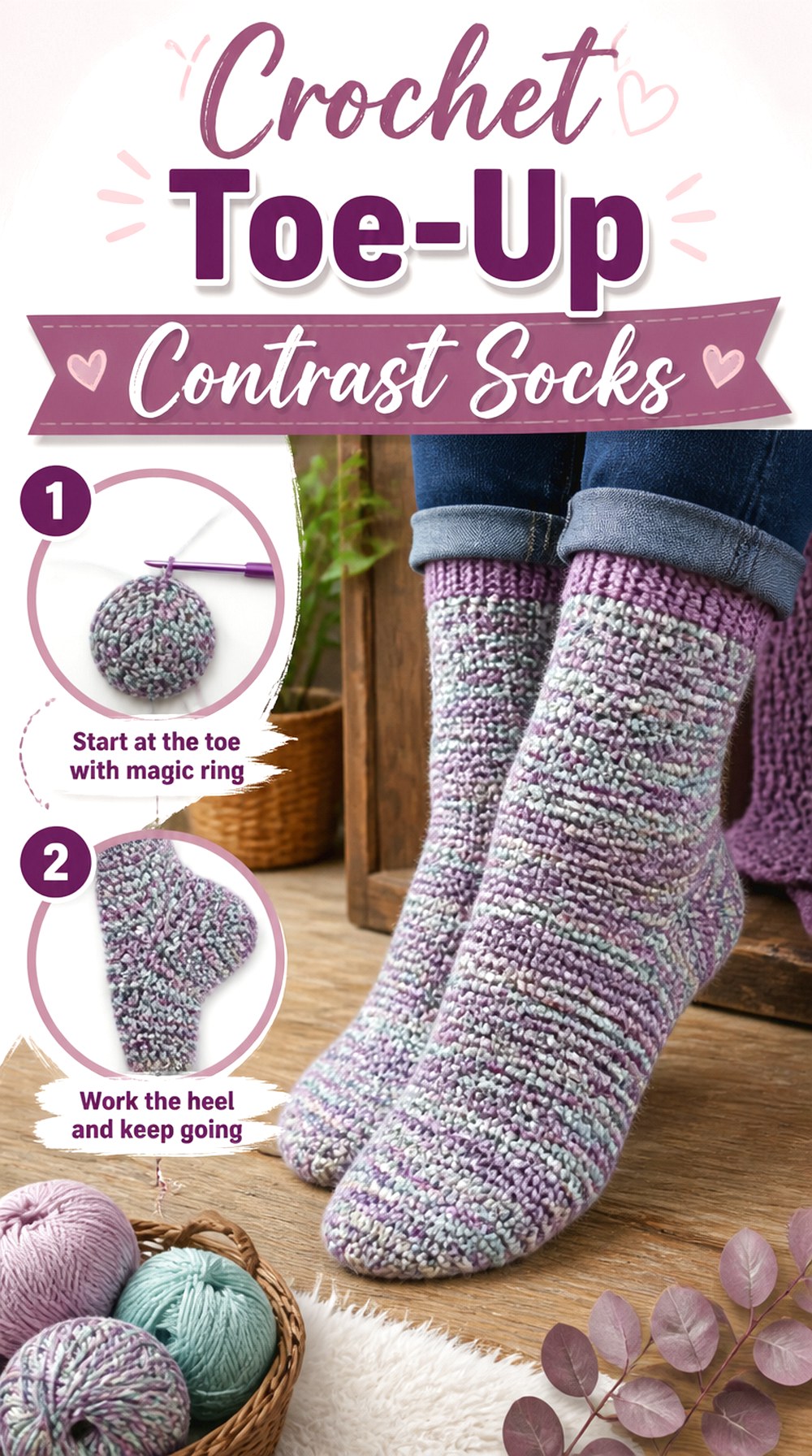 Crochet Toe Up Contrast Socks