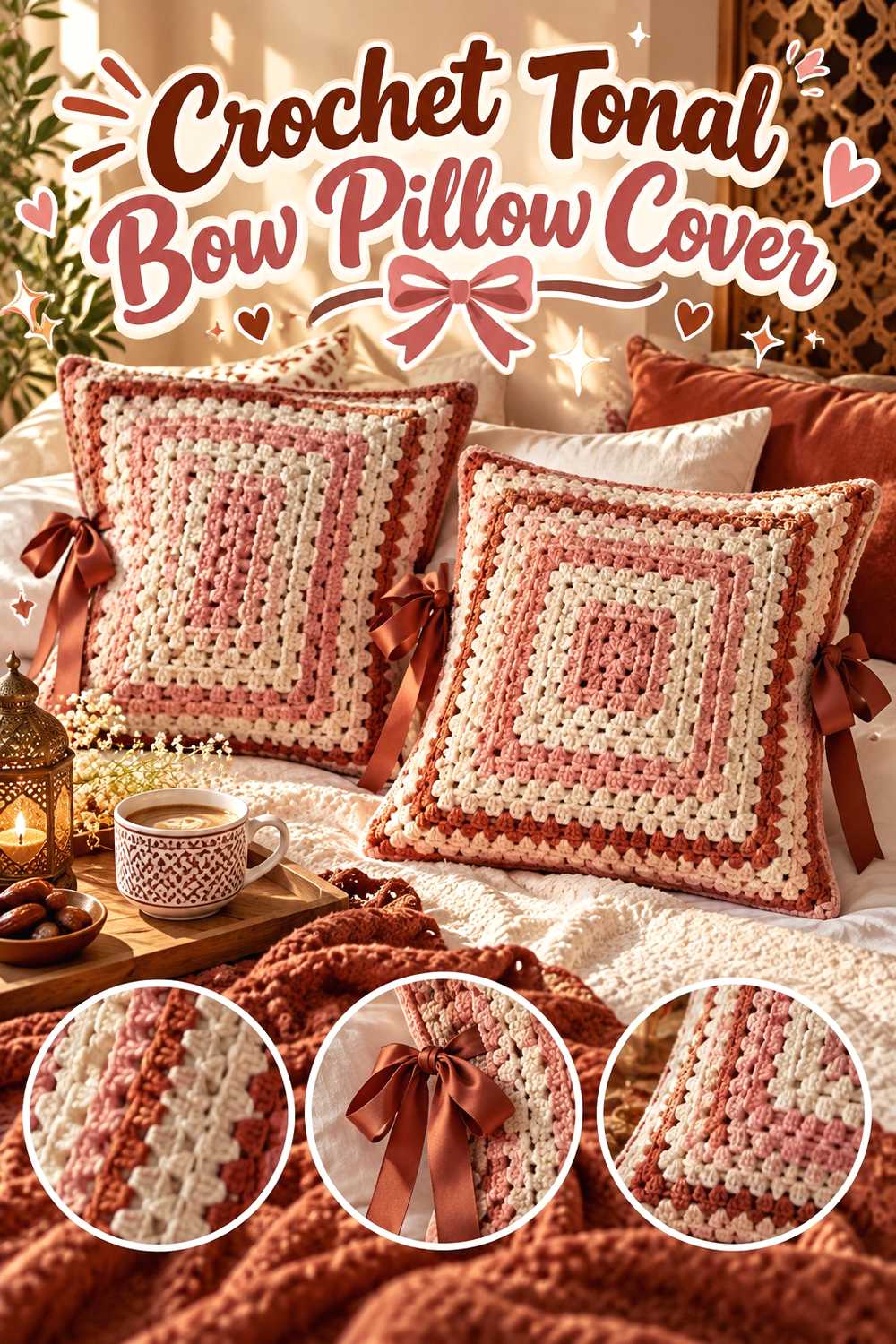 Crochet Tonal Bow Pillow Cover