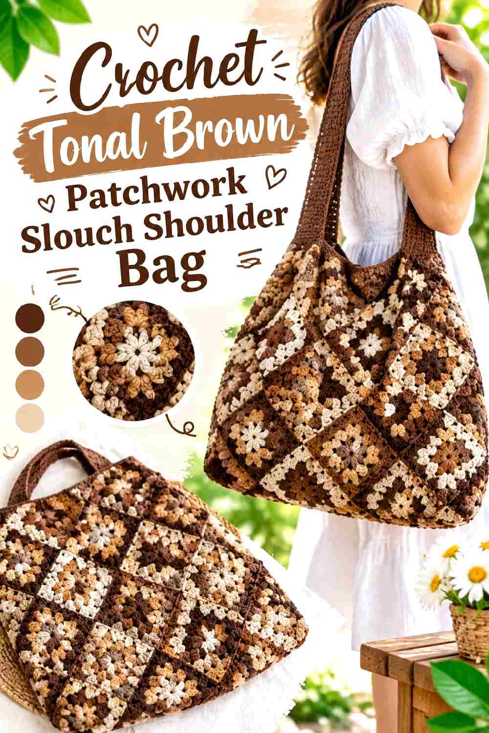 8. Crochet Tonal Brown Patchwork Slouch Shoulder Bag